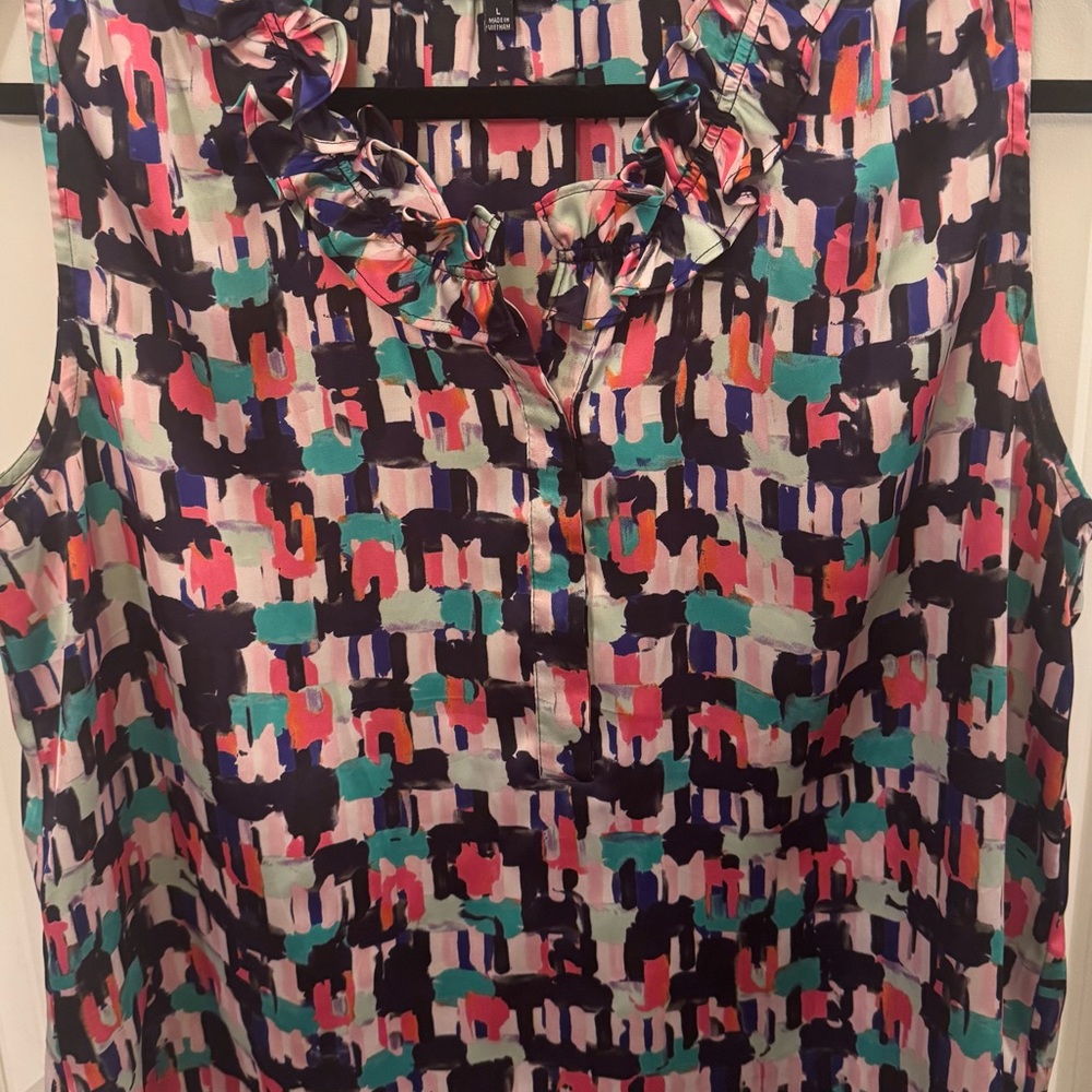 Nine West Navy Multicolor Abstract Ruffle Neck Sleeveless Blouse